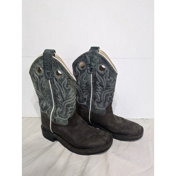 Old West BSC1884 Cowboy Boots Blue‎ Brown Leather Square Toe Little Kids Sz 13.5 - Picture 2 of 8
